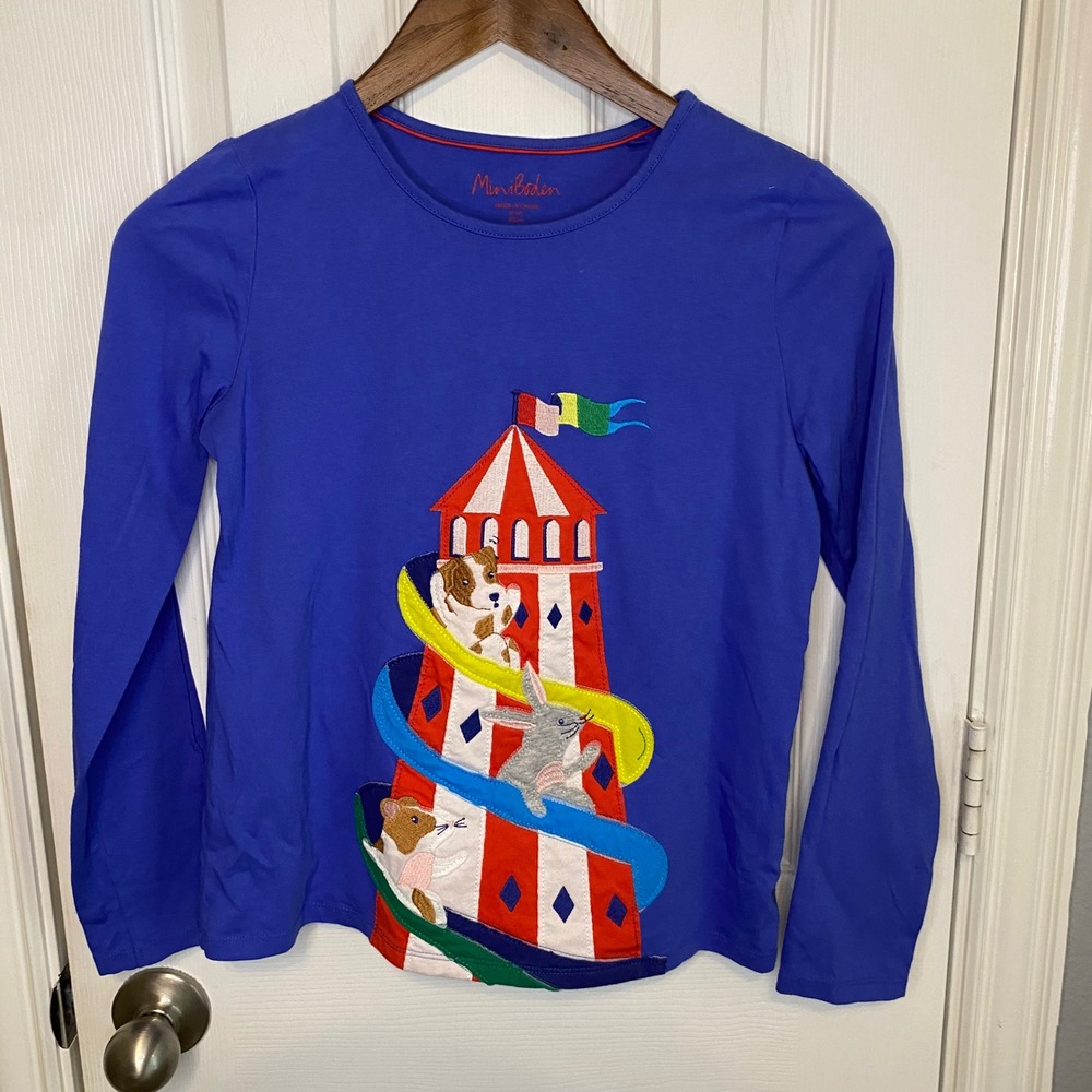 Mini Boden Girls Applique Tee Shirt 11-12Y Blue Helter Skelter Lighthouse Animal